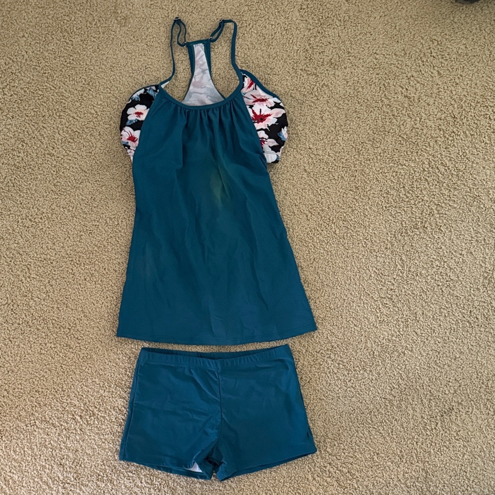 Teal Tankini Set with Floral Accents